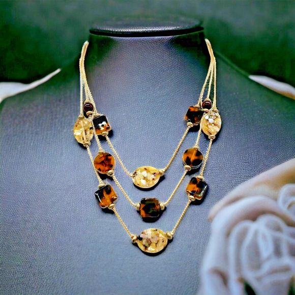 Abalone Chip Station Necklace Faux Tortoise MOP Multi Layer Statement Jewelry - Picture 5 of 10